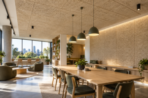 Natural wood fibre panels in an office