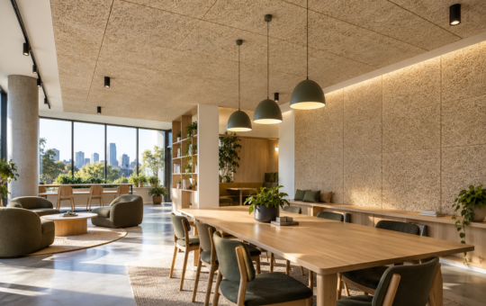 Natural wood fibre panels in an office