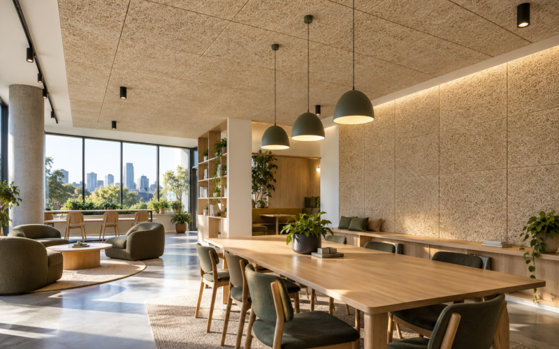Natural wood fibre panels in an office