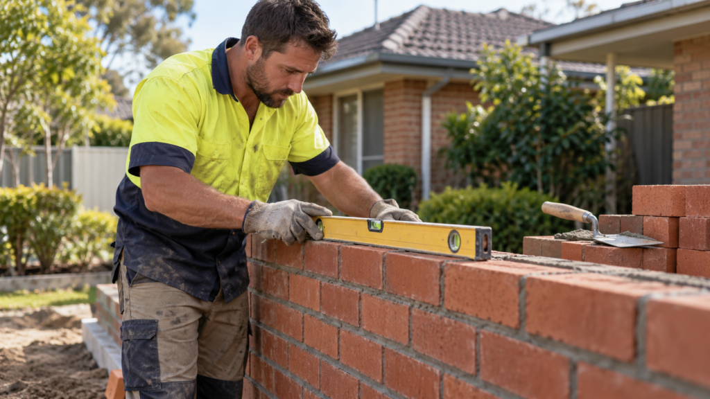 Bricklayer checking alignment on a residential wall