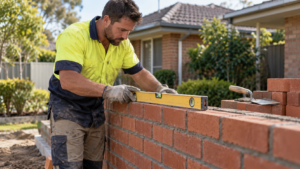 Bricklayer checking alignment on a residential wall