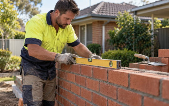 Bricklayer checking alignment on a residential wall