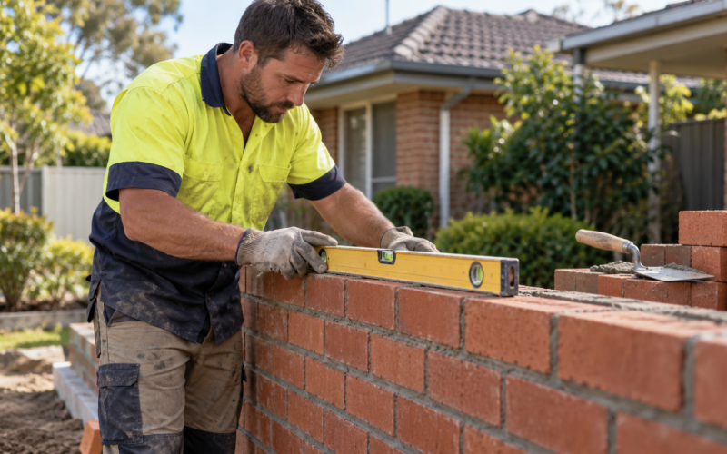 Bricklayer checking alignment on a residential wall
