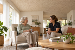 Older adult talking with a support worker at home