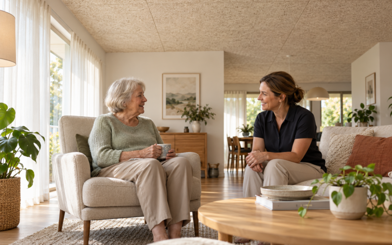 Older adult talking with a support worker at home