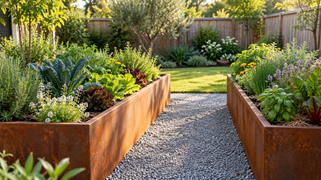 Raised planting beds in a small backyard