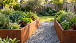 Raised planting beds in a small backyard