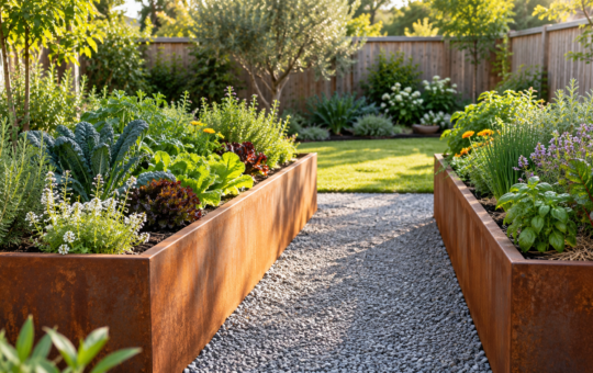 Raised planting beds in a small backyard