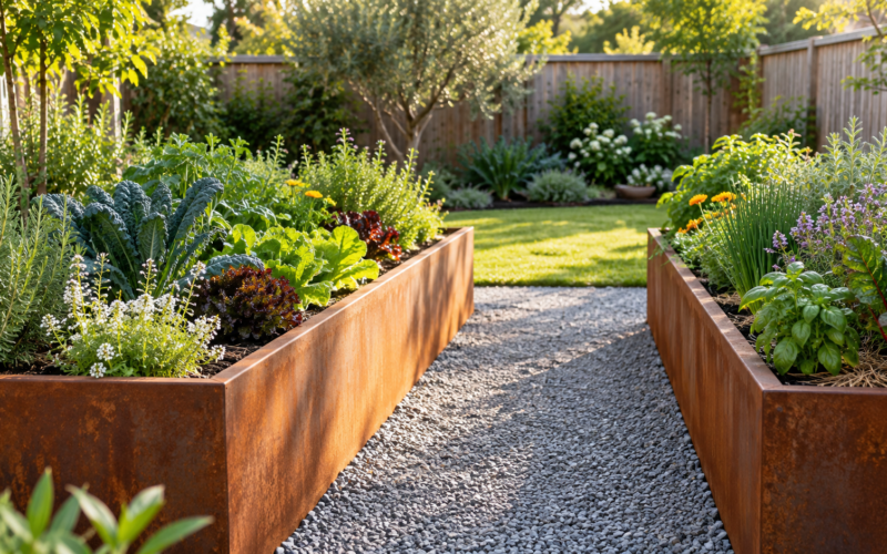 Raised planting beds in a small backyard