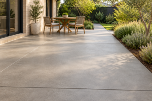 Grey concrete patio bordered by garden beds