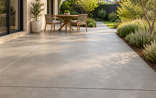 Grey concrete patio bordered by garden beds